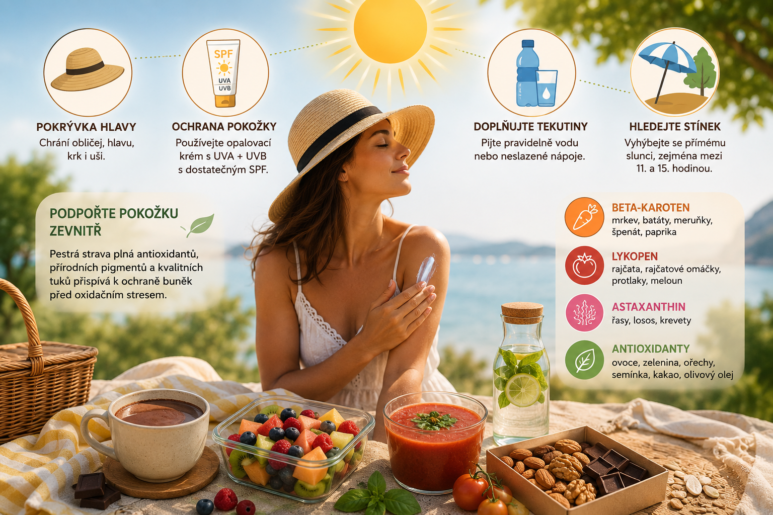 Infografika o bezpečném opalování – pokrývka hlavy, SPF ochrana, pitný režim, stín a potraviny bohaté na antioxidanty.